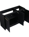 48" bathroom freestanding vanity without sink with open cabinet doors showing ample storage space.