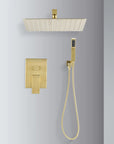 Wall-mounted Eclipse brushed gold shower system with concealed installation, rainfall head, handheld sprayer, and control panel
