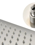 Lorton 12" Brushed Nickel Rain Shower Head with silicone nozzles and swivel joint detail.