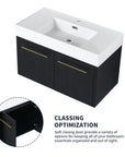 36 inch wall mounted bathroom vanity with resin sink and soft-close cabinet storage detail | Ace Decor