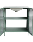 Interior storage view of 30" mint green freestanding single bathroom vanity with sink with adjustable shelves | Ace Decor