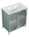 Front view of 30" mint green freestanding single bathroom vanity with sink with fluted acrylic doors | Ace Decor