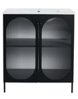 Front view of 30" black freestanding makeup vanity with ceramic sink and ribbed acrylic doors | Ace Decor