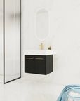 24" small wall mounted vanity angled view with modern decor and open floor space | Ace Decor