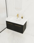 36 inch wall mounted bathroom vanity with resin sink and gold faucet in modern bathroom setting | Ace Decor