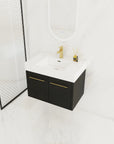 30" wall mounted vanity bathroom angled installation view with floating cabinet and gold faucet | Ace Decor