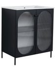 Angled view of 30" black freestanding makeup vanity with ribbed acrylic doors and ceramic sink | Ace Decor