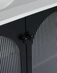 Detail of ribbed acrylic cabinet doors with black knobs on 30" freestanding makeup vanity | Ace Decor