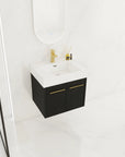 24" small wall mounted vanity angled view with gold faucet and modern decor | Ace Decor