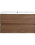 36" wall mounted bathroom vanity with sink, front view of modern brown oak double-drawer design | Ace Decor