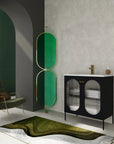Modern bathroom scene featuring 30" black freestanding makeup vanity with acrylic doors and ceramic sink | Ace Decor