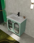 Angled bathroom scene with 30" mint green freestanding single bathroom vanity with sink and fluted acrylic doors | Ace Decor