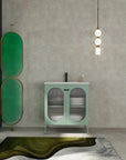 Full bathroom setup with 30" mint green freestanding single bathroom vanity with sink in modern interior | Ace Decor