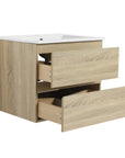 Angled view of 24 inch bathroom vanity with drawers, drawers open | Ace Decor