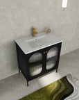 Angled top view of 30" black freestanding makeup vanity with ceramic sink and ribbed acrylic doors | Ace Decor