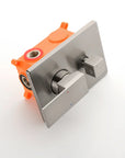 Side-angle view of brushed nickel pressure-balance shower valve body.