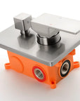 Side-angle view of brushed nickel pressure-balance shower valve body.