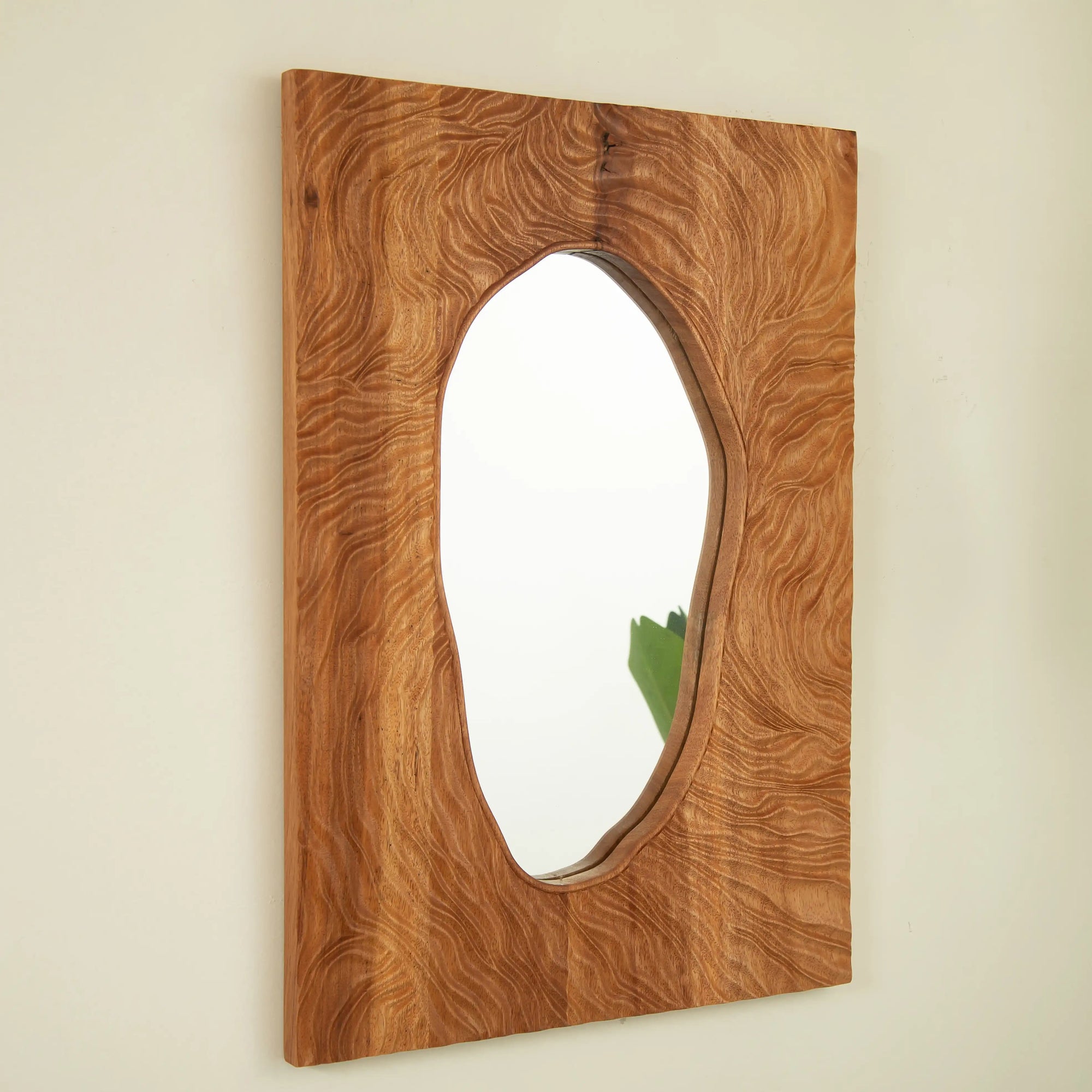 Full view of a wood vanity mirror with a solid rosewood frame and clear reflective surface.