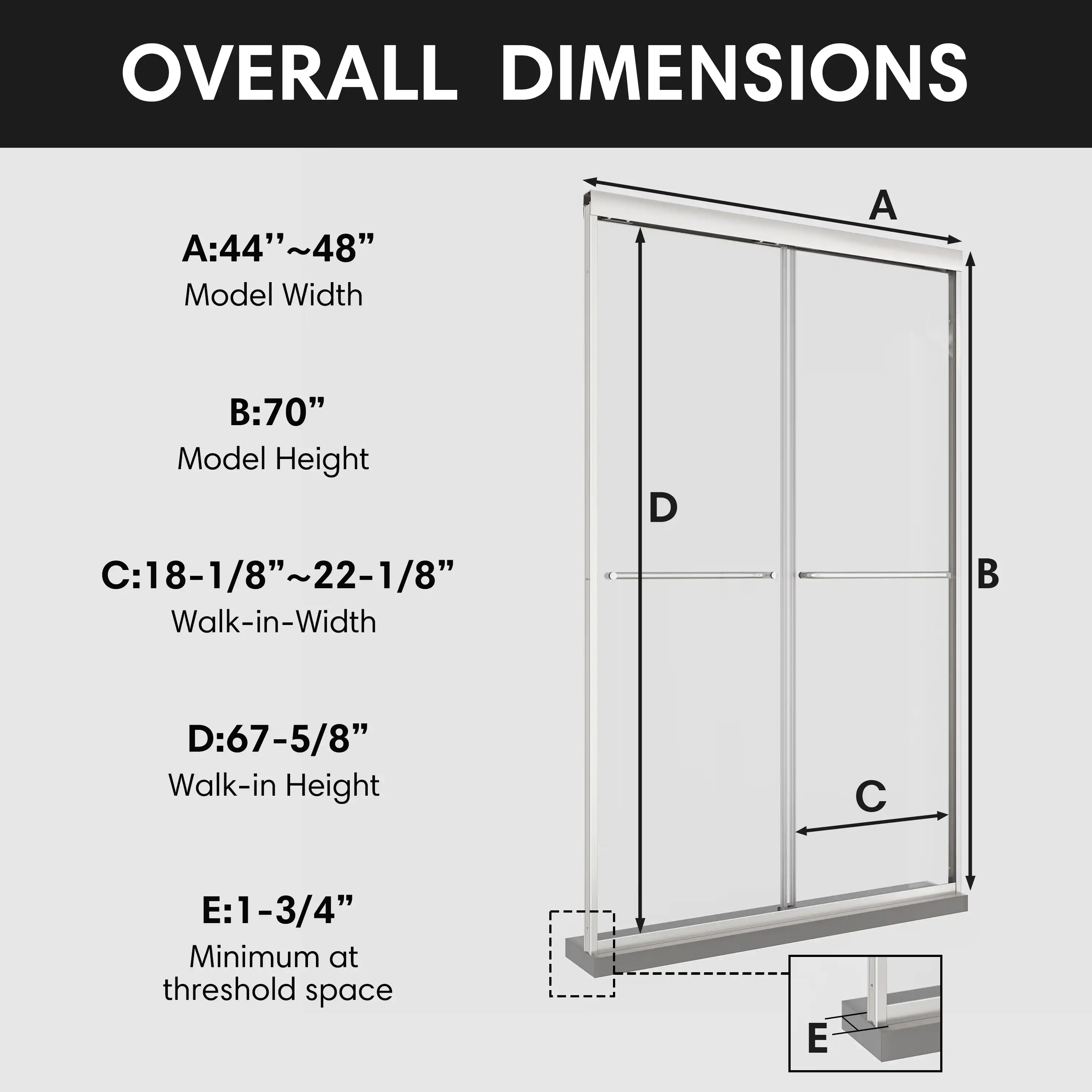 Overall dimensions of 48 x 70 framed glass shower door, showing width, height, walk-in width, and threshold details. | Ace Decor