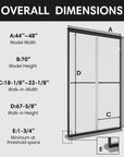 Overall dimensions of framed shower door 48 x 70, showing width, height, walk-in width, walk-in height, and threshold space. | Ace Decor
