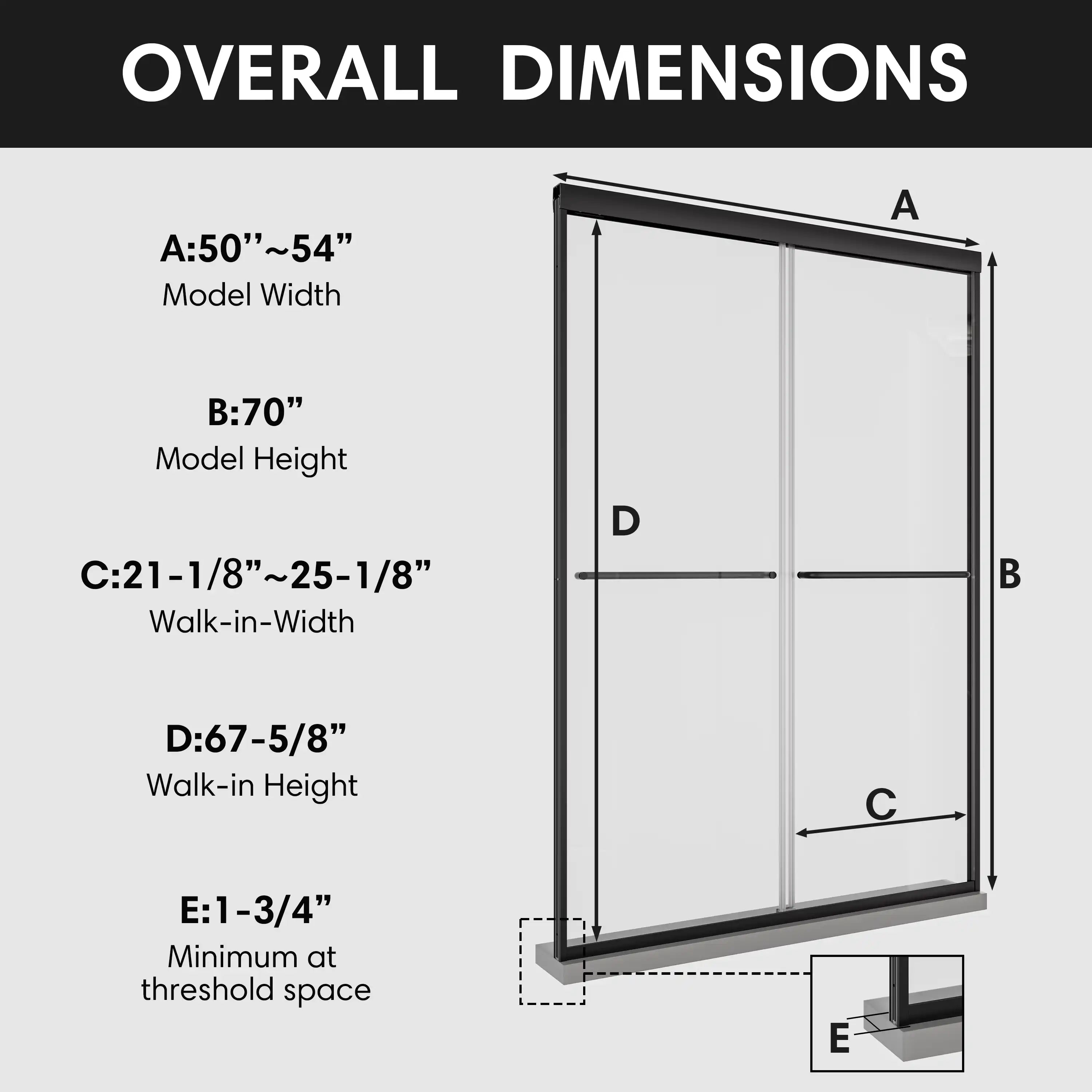 Overall dimensions of 54 x 70 framed shower door with black shower frame, showing model width, height, walk-in width, and threshold space. | Ace Decor