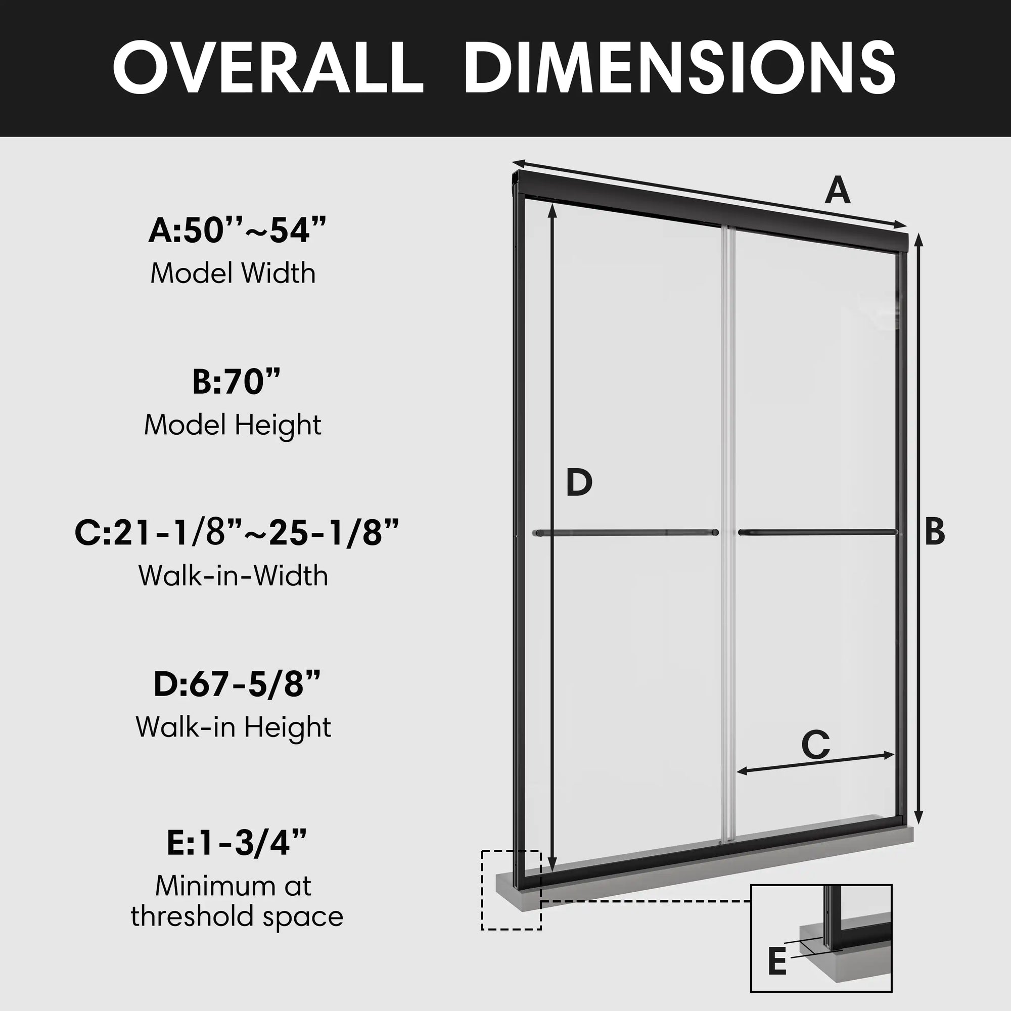 Overall dimensions of 54 x 70 framed shower door with black shower frame, showing model width, height, walk-in width, and threshold space. | Ace Decor