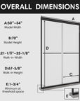 Overall dimensions of 54 x 70 framed shower door with black shower frame, showing model width, height, walk-in width, and threshold space. | Ace Decor
