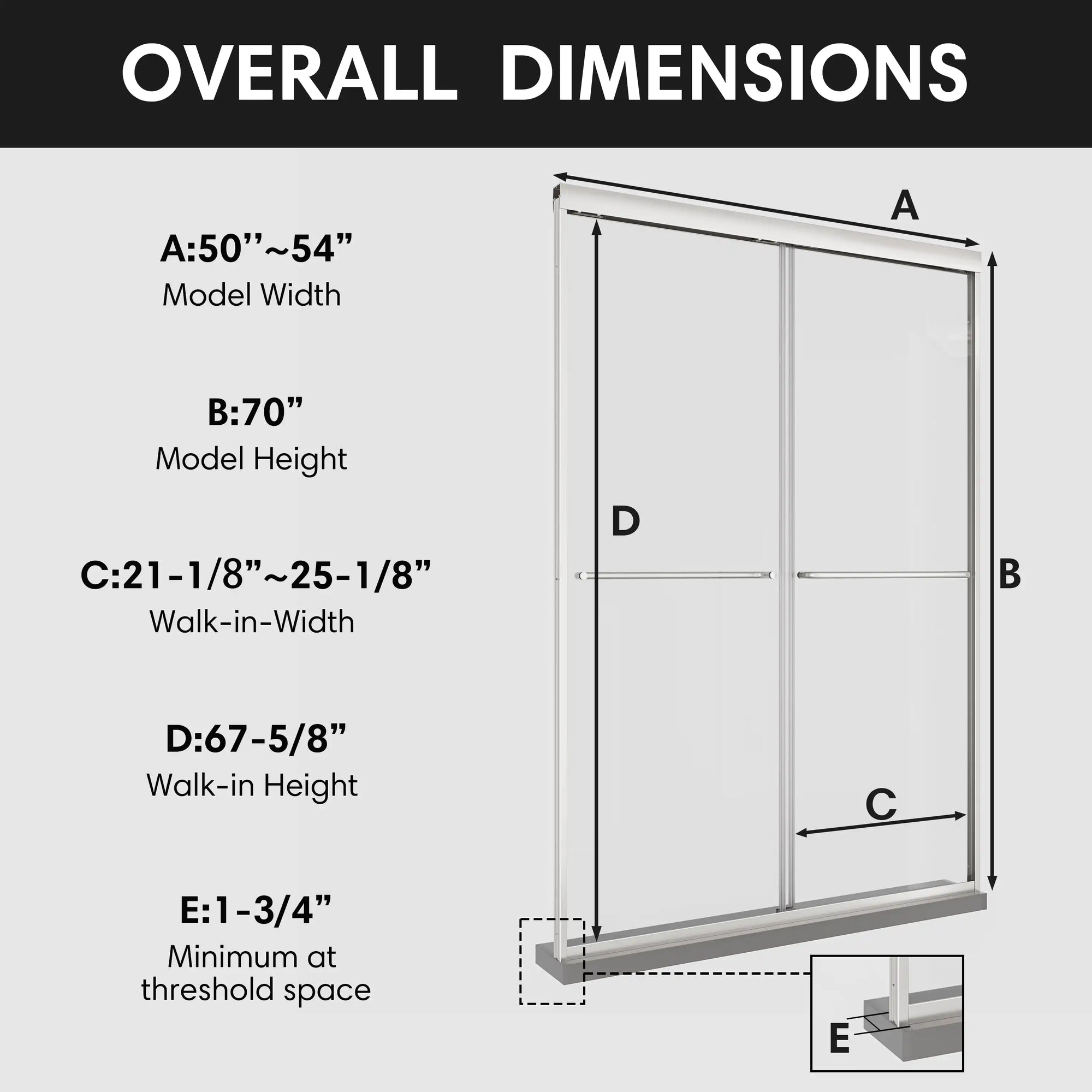 Overall dimensions of framed bypass shower door 54 x 70 showing width, height, and walk-in size specifications. | Ace Decor