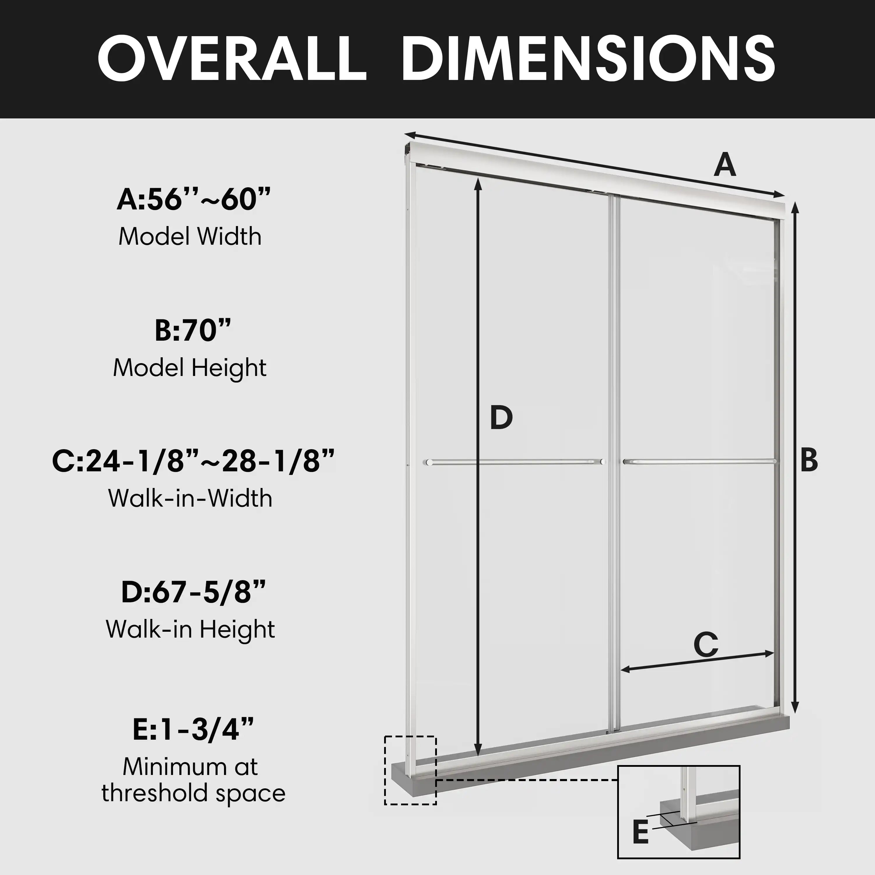 Overall dimensions of ace bypass framed shower door 60 x 70 with model width, height, and walk-in size specifications. | Ace Decor