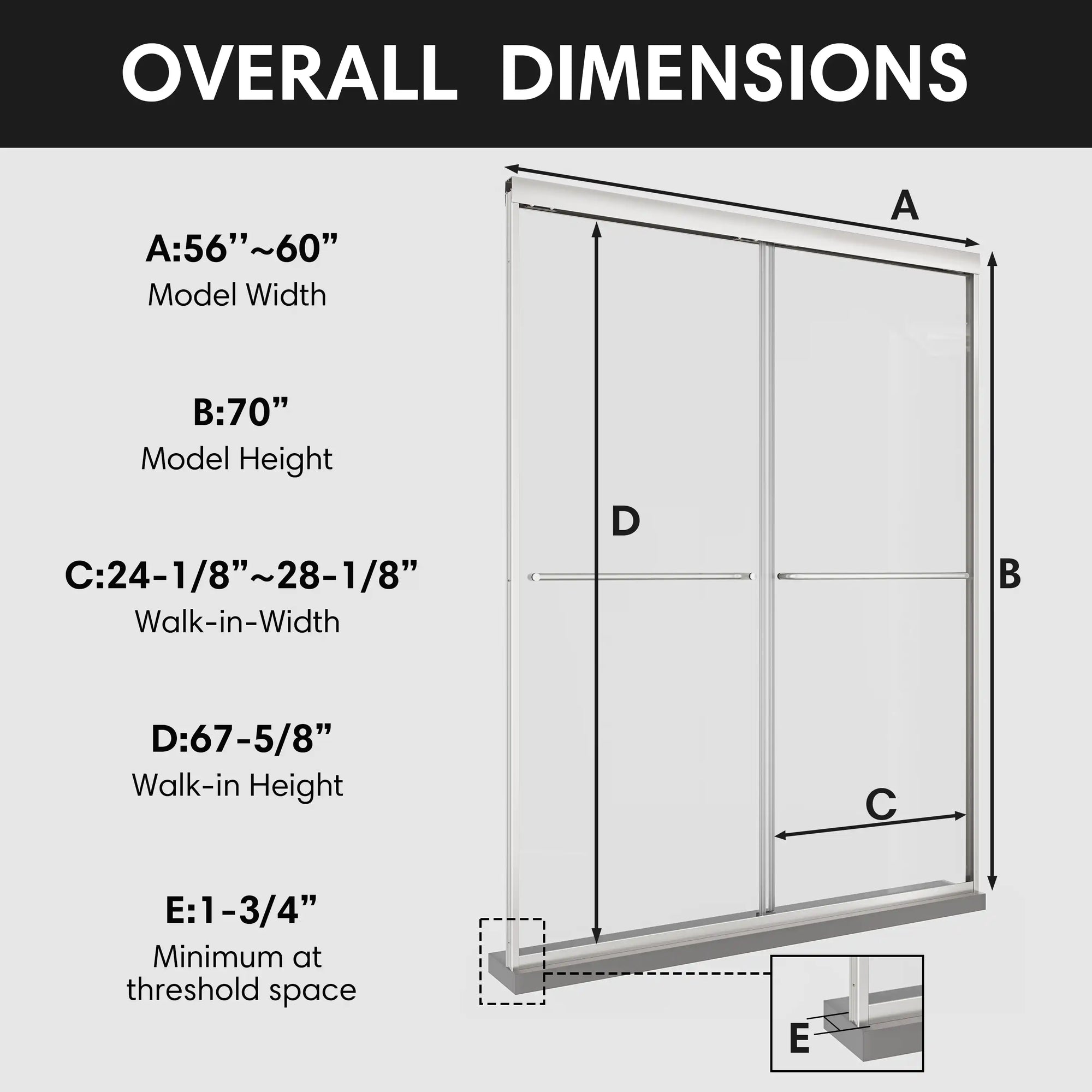 Overall dimensions of ace bypass framed shower door 60 x 70 with model width, height, and walk-in size specifications. | Ace Decor