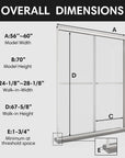 Overall dimensions of ace bypass framed shower door 60 x 70 with model width, height, and walk-in size specifications. | Ace Decor