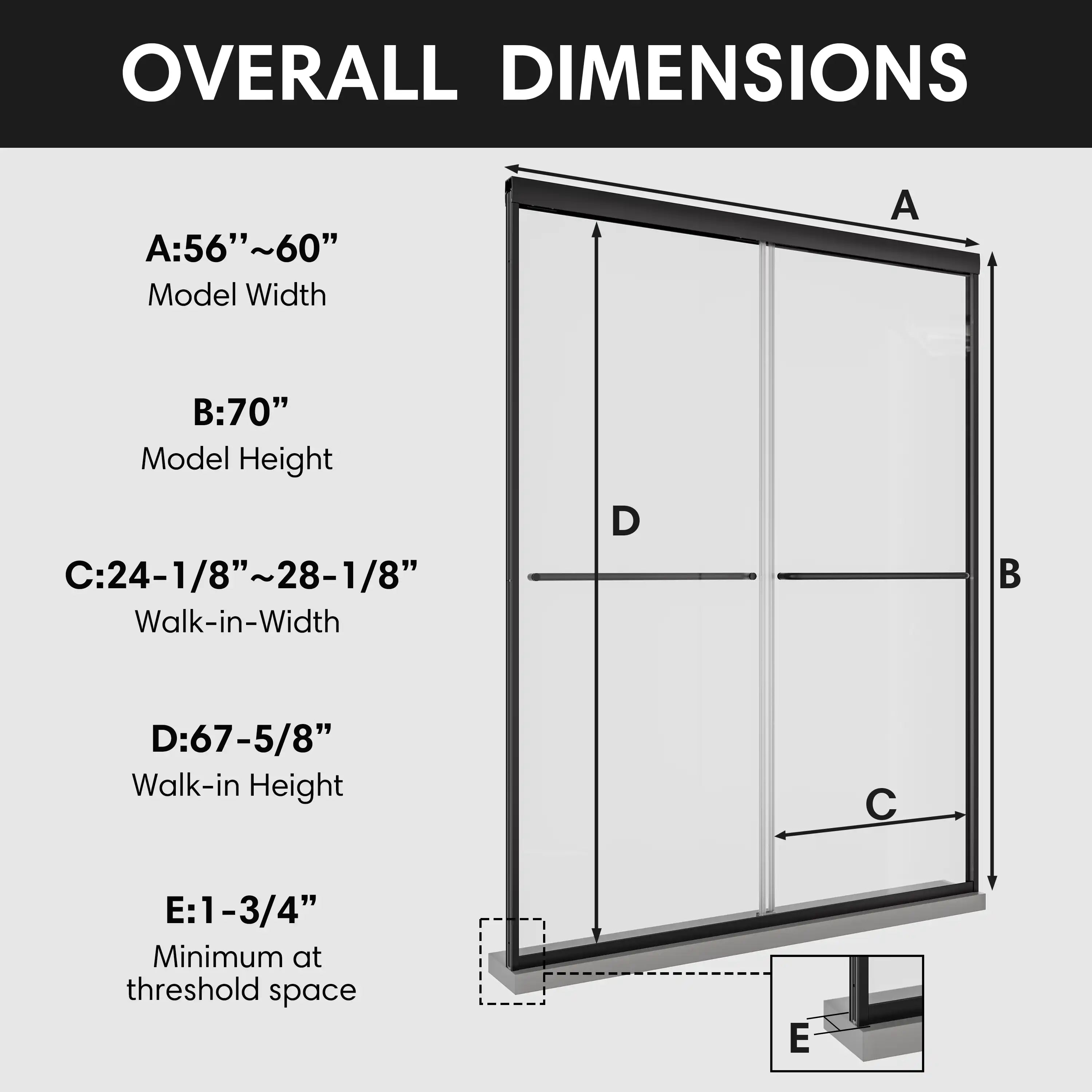 Overall dimensions of 60 x 70 ace decor shower door with framed design, showing model width, height, walk-in width, and threshold details. | Ace Decor