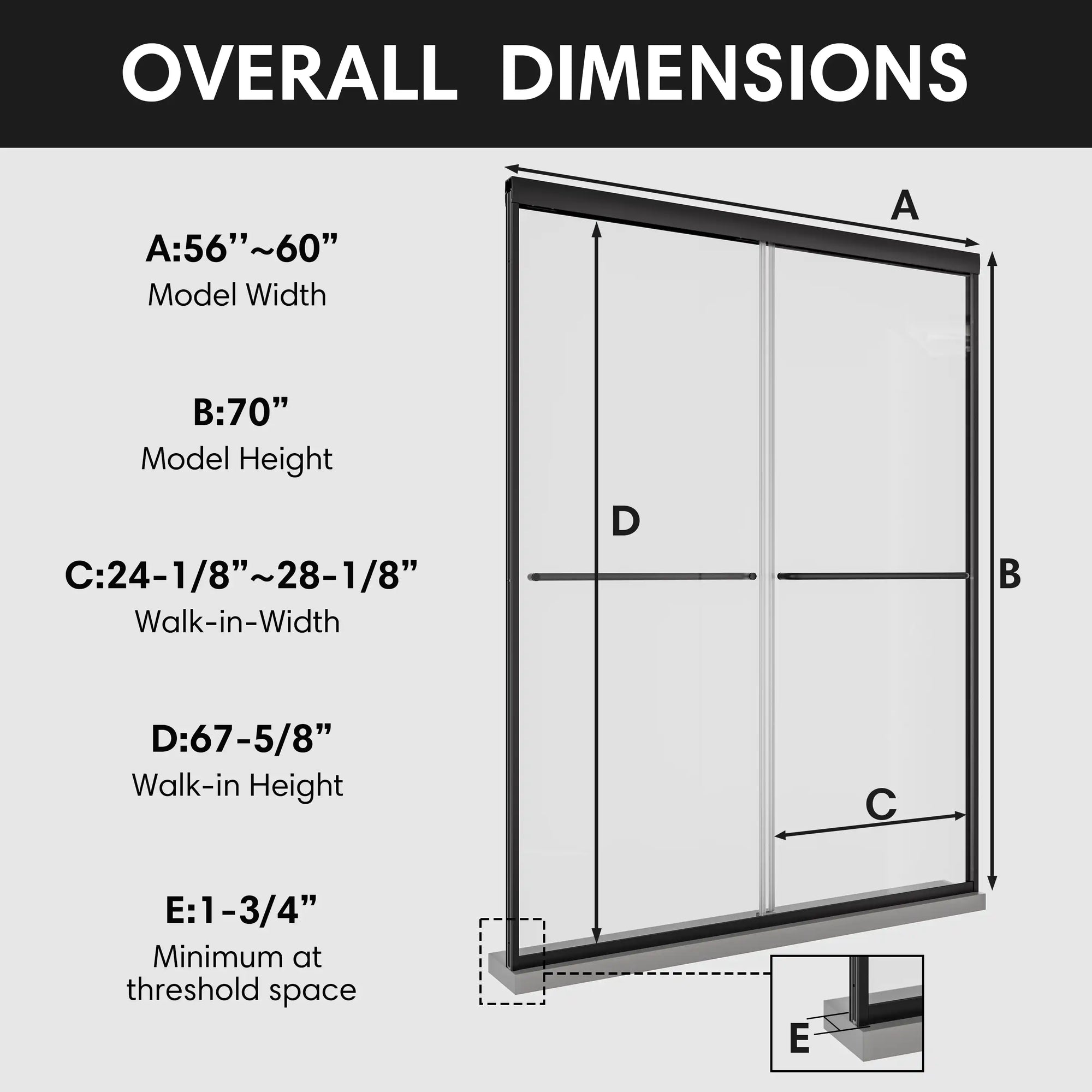 Overall dimensions of 60 x 70 ace decor shower door with framed design, showing model width, height, walk-in width, and threshold details. | Ace Decor