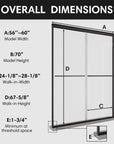 Overall dimensions of 60 x 70 ace decor shower door with framed design, showing model width, height, walk-in width, and threshold details. | Ace Decor