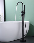 Full view of Freestanding Black Tub Faucet with Handheld Shower beside modern bathtub, sleek matte black finish and minimalist design.