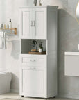 White 69.92-inch tall bathroom linen cabinet styled in a modern bathroom to highlight its sleek design and smooth finish.