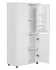 62-inch freestanding bathroom floor storage cabinet in white, with one door open to reveal.