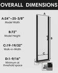 Model dimensions of 24x72 semi-frameless pivot shower door with height, width, and entry measurements.