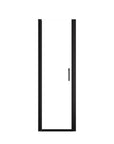 Matte black semi-frameless pivot shower door with clear glass.