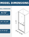 Model dimensions of 24x72 semi-frameless pivot shower door with height, width, and entry measurements | Ace Decor