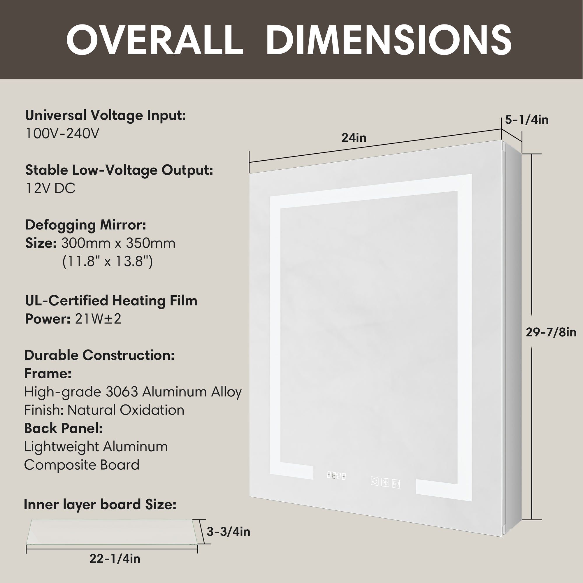 Overall Dimensions of the Pro Shower 24x30 Rectangular Silver Left LED Medicine Cabinet.
