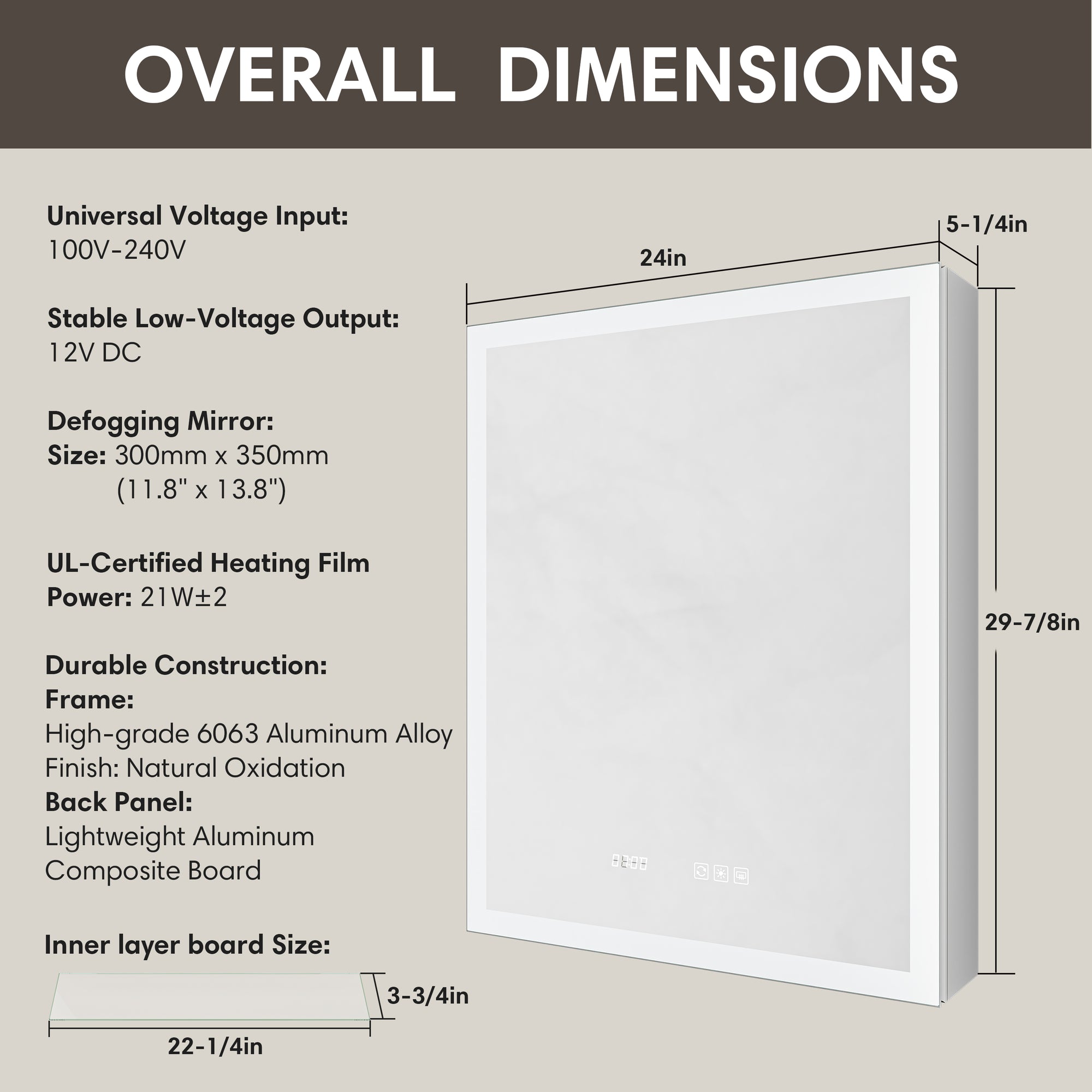 Single-door medicine cabinet overall dimensions and specifications illustration.