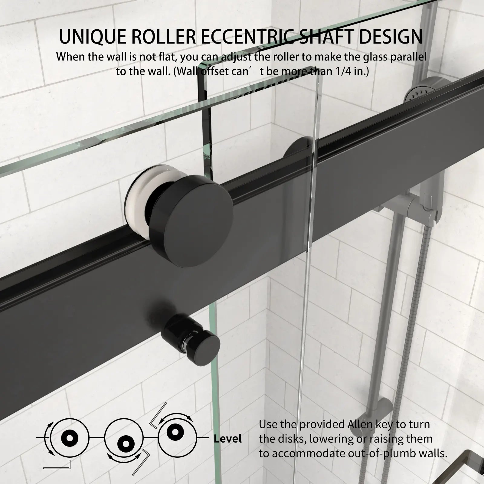 Close-up of adjustable eccentric roller shaft design on frameless sliding shower door, allowing alignment for uneven walls | Ace Decor