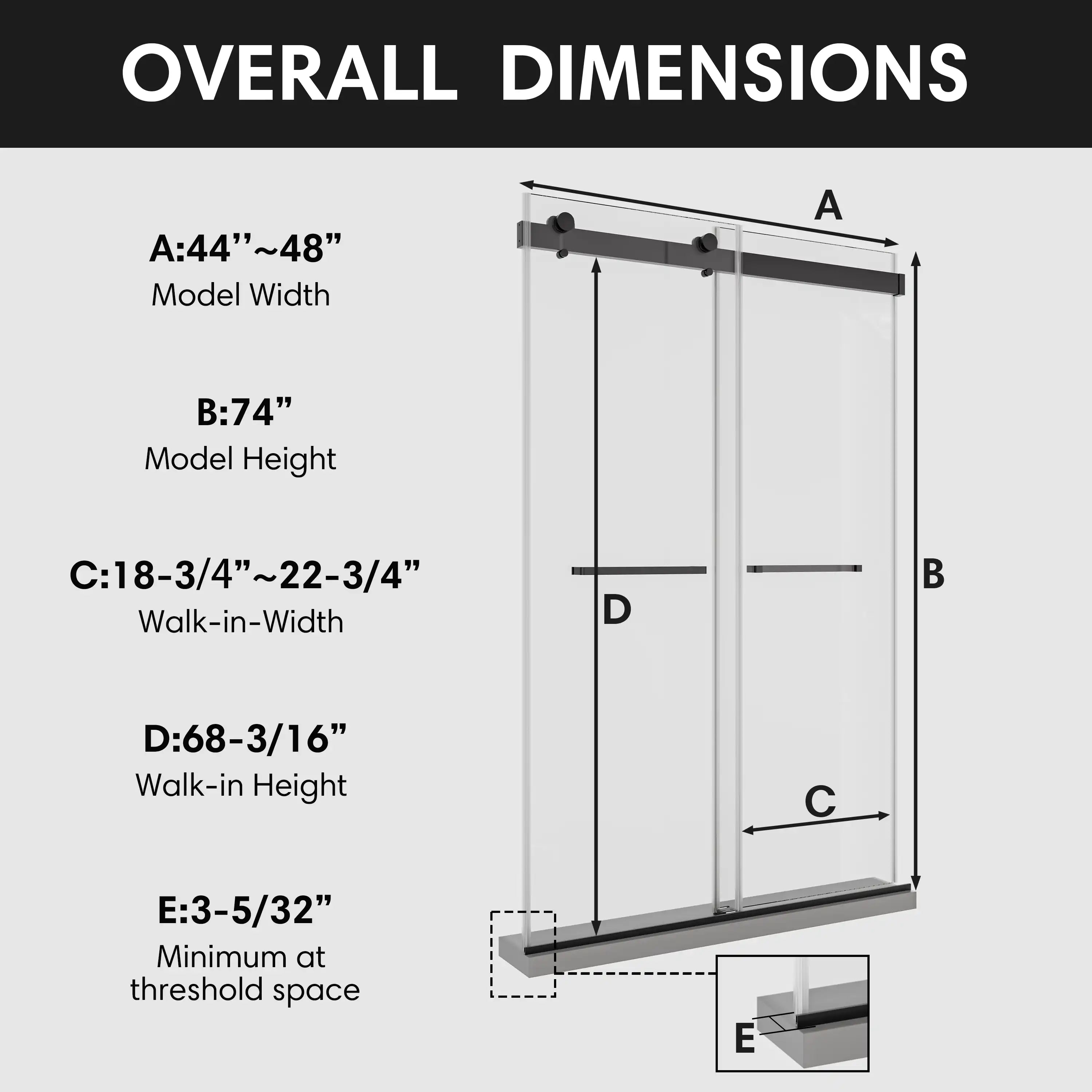 Matte black sliding shower door dimensions, frameless 48 x 74 | Ace Decor