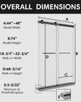 Matte black sliding shower door dimensions, frameless 48 x 74 | Ace Decor