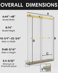Frameless brushed gold shower door 48 x 74 with overall dimensions chart. | Ace Decor