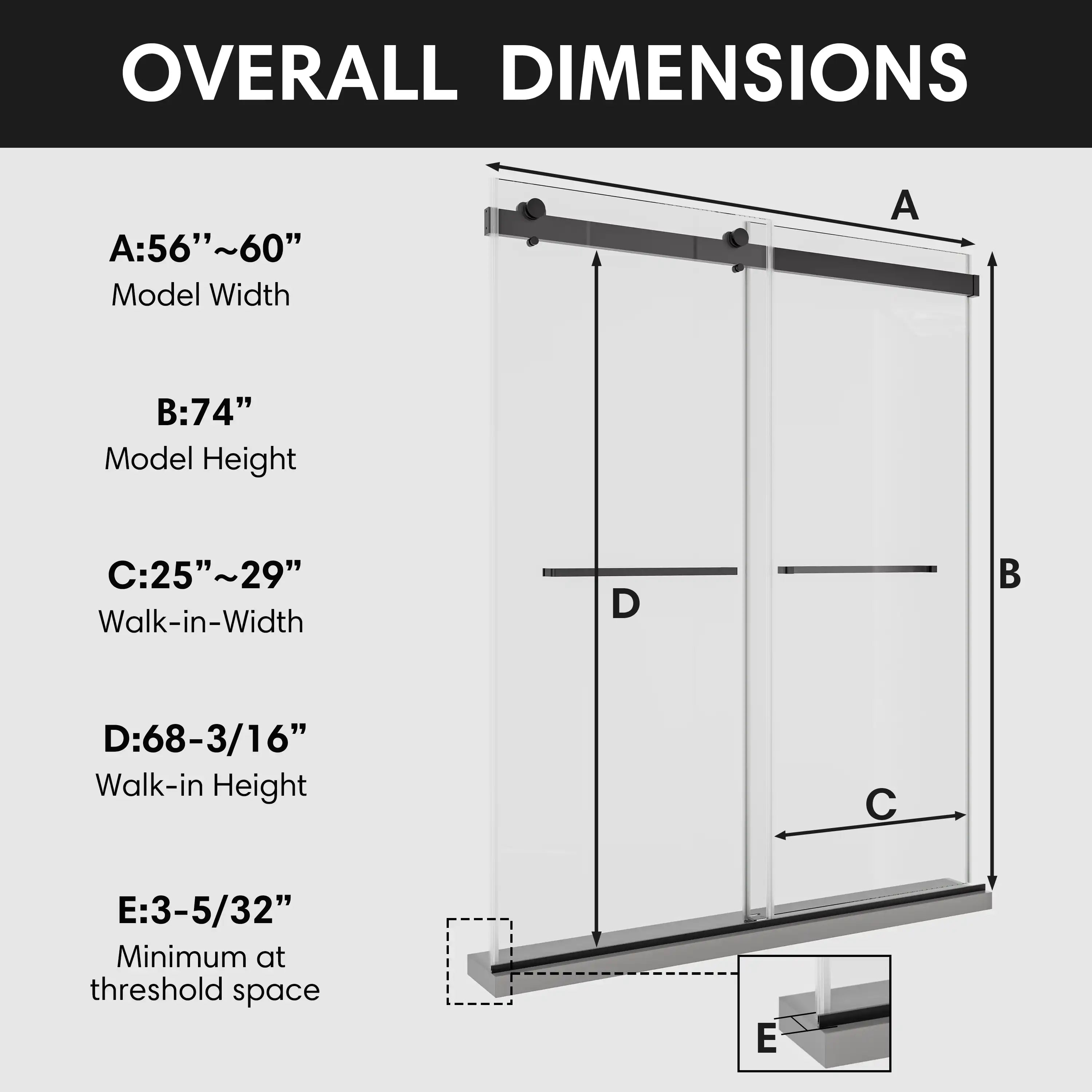Overall dimensions diagram of soft close sliding shower doors frameless design, 60 x 74, showing width, height, and walk-in measurements | Ace Decor