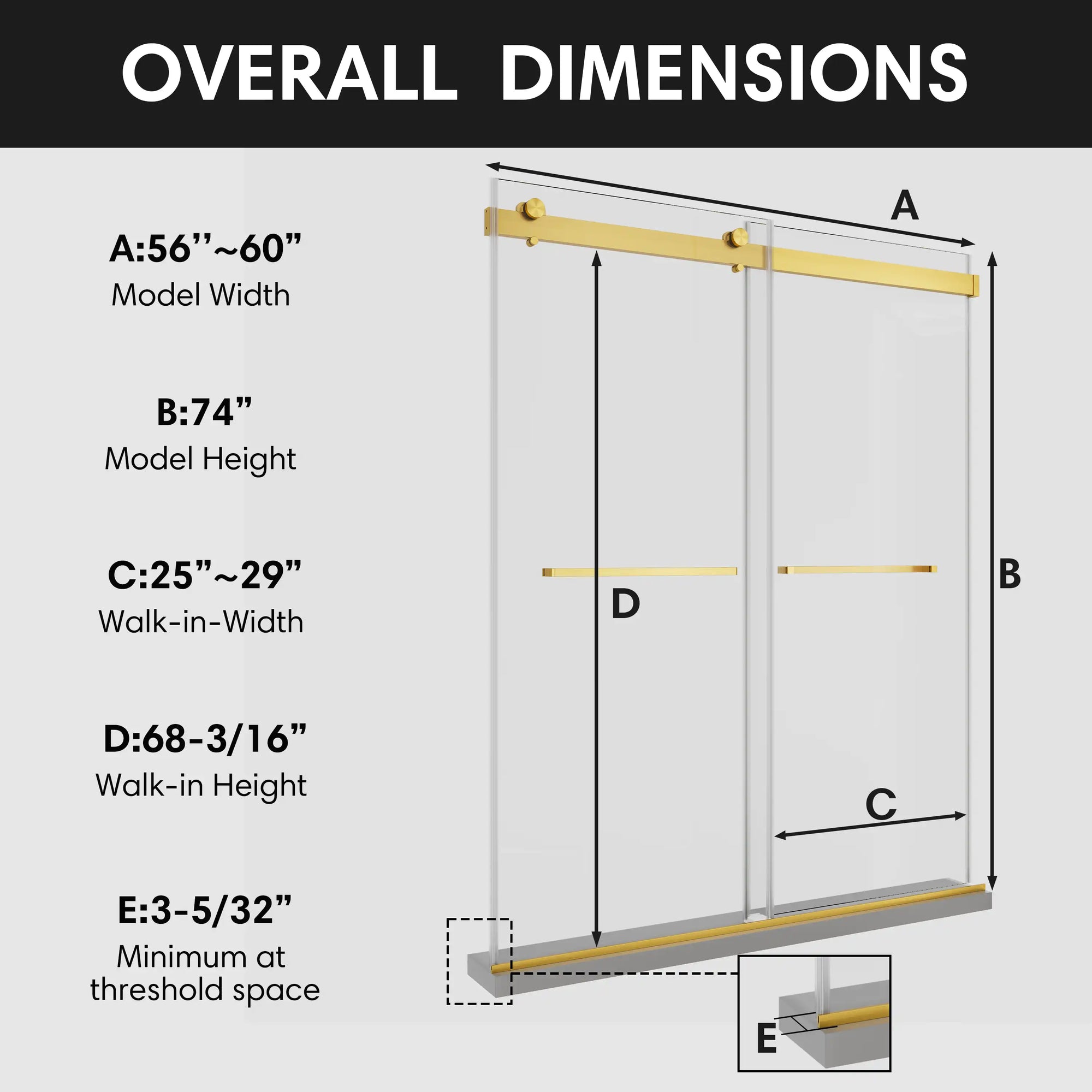 Frameless shower door 60 x 74 with gold hardware, showing overall dimensions including walk-in width and height. | Ace Decor