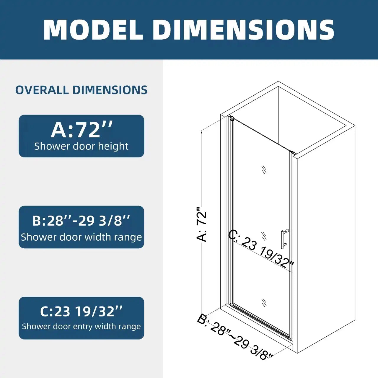 Model dimensions diagram of 28-29 3/8 inch wide and 72 inch high pivot shower door | Ace Decor