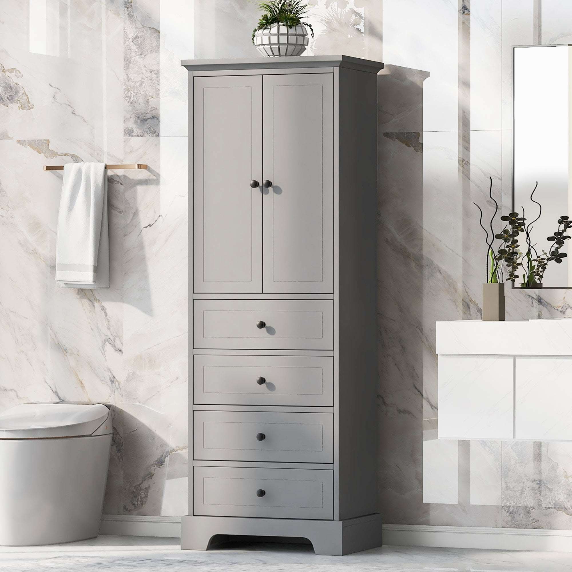 Grey 68-inch bathroom linen cabinet with sleek double doors and four drawers, styled in a marble-wall bathroom beside a modern toilet and vanity.